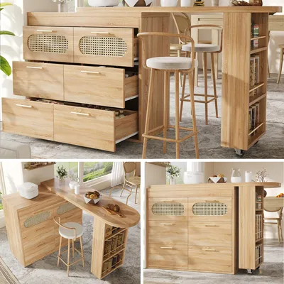 Produktbild von Bartisch 360° drehbar, 6 Schubladen, PE Rattan Türen, Natur, viel Stauraum, MDF