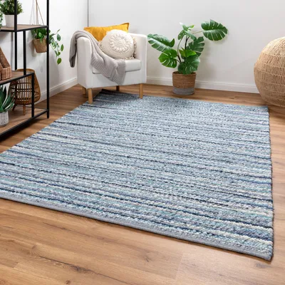 Produktbild von Steffensmeier Handweb Teppich Schwansee | Schurwolle | Blau, handgewebt, Größe: 170x230 cm Wohnzimmer und Schlafzimmer