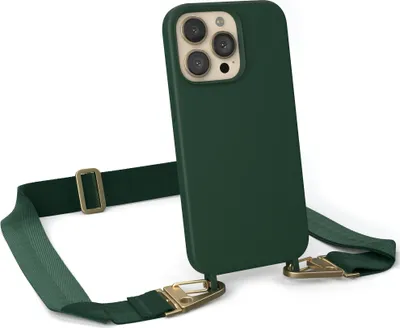 Produktbild von EAZY CASE Handykette Silikon mit Clips 2 in 1 kompatibel mit Apple iPhone 13 Pro Handyhülle mit Kordel, Hülle mit Band, Kette, Grün - Clips Gold