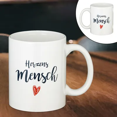Produktbild von Tasse Kaffeebecher Herzensmensch uni weiß 300 ml Steinzeug Aufdruck