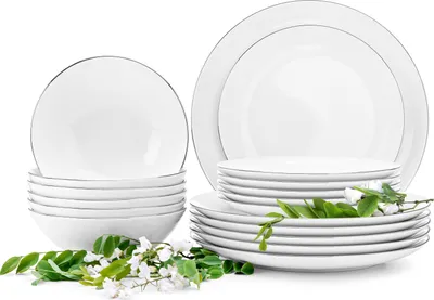 Obrázek produktu pro Konsimo jídelní servis pro 6 osob (18 talířů) "BOSS", bílý, porcelán, elegantní, 20,5/18/27cm