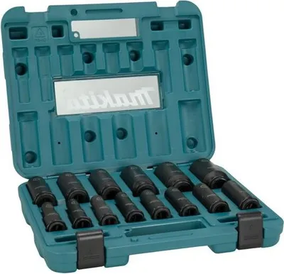 A teal toolbox with a set of black sockets inside.