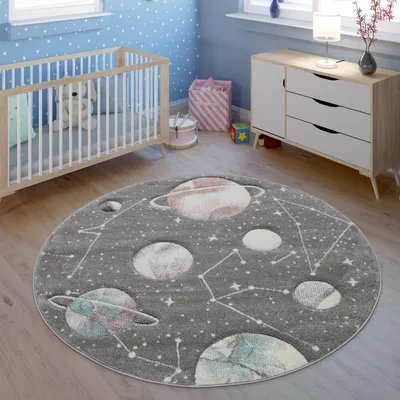Produktbild von TT Home Kinder-Teppich, Spiel-Teppich Mit Planeten Und Sternen, Für Kinderzimmer In Grau Größe 120x170 cm