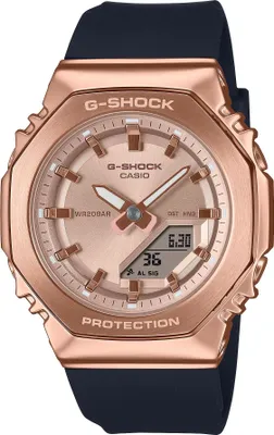 A close-up studio shot of a rose gold Casio G-Shock watch with a black band.