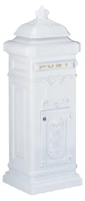 Produktbild von Relaxdays Standbriefkasten Antik, britisches Design, rostfreies Aluminium, HBT: 101x34,5x31 cm, Säulenbriefkasten, weiß, KI-generiertes Bild