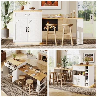 Immagine prodotto di Isola da cucina con piano estendibile e quattro ante, isola da cucina bianca con maniglia nera, dimensioni 80 x 70 x 95,5 cm, realizzata in MDF e metallo