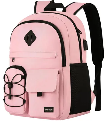 Immagine prodotto di Zaino da scuola da donna, con scomparto per laptop da 15,6", colore rosa, dotato di porta USB e sistema di fissaggio per valigie