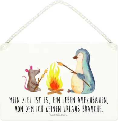 Produktbild von Mr. & Mrs. Panda Schild Pinguin Lagerfeuer DIN A4 - Weiß - Geschenk, Arbeit, Job, holzbild, Liebe, Türschild, Wandbild Holz, Holzschild, kleine aufmerksamkeit