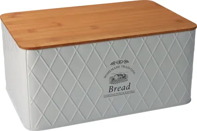 A white bread box with a bamboo lid, featuring a diamond pattern and text on the front.