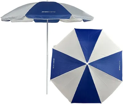 Two views of a blue and white beach umbrella against a white background.
