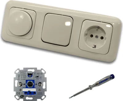 Produktbild von REV Ritter LED Drehdimmer Dimmer + Busch Jäger Dimmerscheibe 2115-212 + Kreuzschalter 2000/7US + Steckdose Kinderschutz 20EUCKS-212 DURO2000 cremeweiß + EBROM Phasenprüfer z. Montage der Geräte