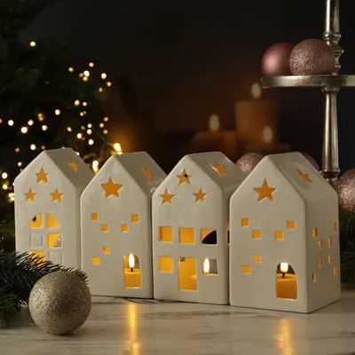 Produktbild von Teelichthalter Lichthäuser - Lichterdorf - Teelichthaus - Porzellan - weiß - 4er Set