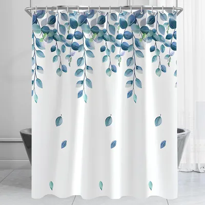 Produktbild von Duschvorhang 80 x 180 cm mit Blatt- und Pflanzenmotiv, beschwertem Saum, schimmelresistent, wasserabweisend, waschbarem Polyestergewebe, Badvorhang für Badezimmer und Badewannen, inklusive 8 Duschvorhangringen