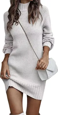 Produktbild von ASKSA Damen Strickkleid Rollkragen Pullikleid Elegant Pulloverkleid Freizeit Midikleid Tops, Weiss, L