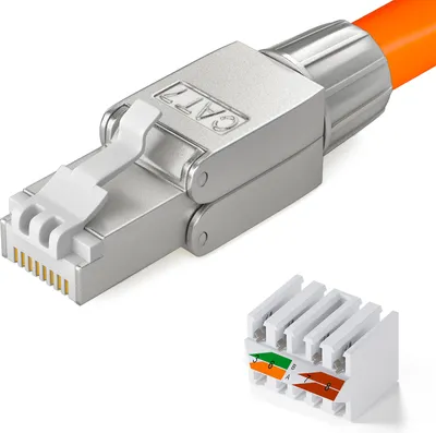 A close-up shot of a CAT7 RJ45 network connector and a separate component for wire termination.