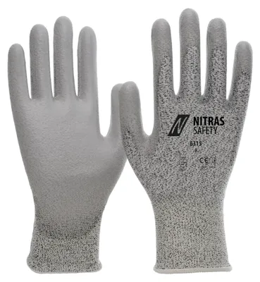 Produktbild von 10x NITRAS Schnittschutzhandschuhe, Spezialgarn, grau, PolyurethanBeschichtung, grau, teilbeschichtet auf Innenhand und Fingerkuppen, Strickbund, hoher Schnittschutz, höchster Tragekomfor| Packung (10 Paare)