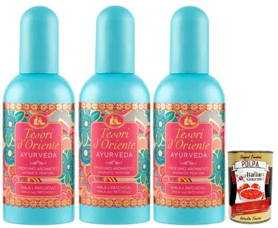 Produktbild von Tesori d'Oriente Ayurveda Profumi Edt Eau de Toilette 3x 100 ml spray, Aromatic perfume, Frischer und blumiger Duft + Italian Gourmet polpa 400g