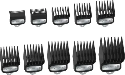 A set of black hair clipper guards arranged in two rows on a white background.