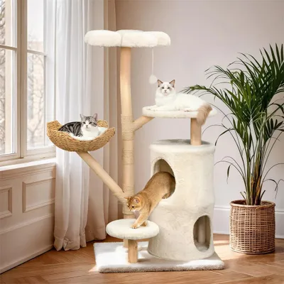 Obrázek produktu pro Kočičí strom – vnitřní škrabadlo – výška 142 cm – 4 úrovně se škrabacími sloupky – pelíšek, odpočívací plochy, vyhlídková plošina – přírodní dřevo a bílá barva