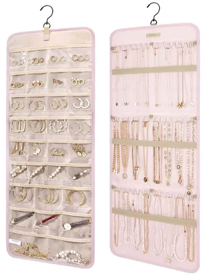 Immagine prodotto di Organizer per gioielli - Doppio lato - 32 tasche - 28 collane - Rosa