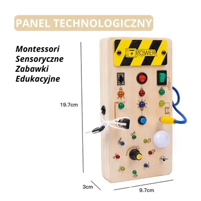 Zdjęcie produktu dla Zabawka sensoryczna Montessori z drewna – Panel Busy Board dla dzieci od 3 lat – Panel z przyciskami