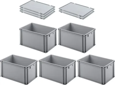 Produktbild von SuperSparSet 5x Eurobehälter mit geschlossenem Griff und Scharnierdeckel | HxBxT 32x40x60cm | 56 Liter | Grau | Eurobox, Transportbox, Transportbehälter, Stapelbehälter