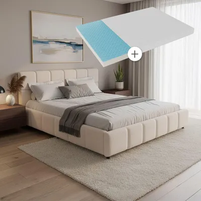 Produktbild von Juskys Polsterbett Florenz 180 x 200 cm mit Matratze, Bouclé, Bubble Design & modern – Creme