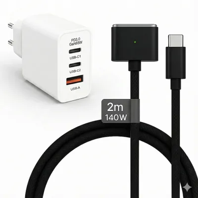 Produktbild von 65W USB C Ladegerät 2x USB-C 1x USB-A + 140W MagSafe 3 Kabel Schwarz 2m für MacBook Air & Pro M1 M2 M3 M4 M5 - Netzteil Adapter