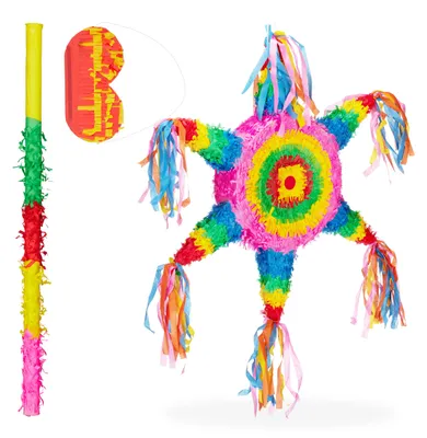 Produktbild von 3 tlg. Pinata Set Stern, Pinatastab mit Augenmaske, für Kinder, Stock & Augenbinde, zum selbst befüllen, Piñata, bunt