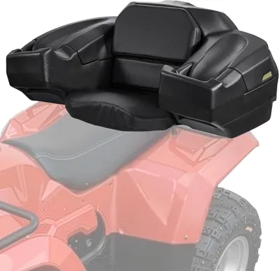 A black ATV storage box with a seat and backrest is shown mounted on the rear of a red ATV.