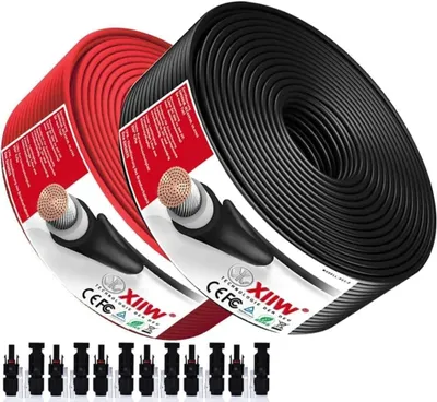 Zdjęcie produktu dla 2 sztuki kabla przedłużającego, kolor: czarny i czerwony, długość: 25 + 25 metrów, przekrój: 10 mm², 12 AWG, napięcie maksymalne: 1800 V, z wtykiem solarnym, bezhalogenowy, IP67, kabel solarny, kabel fotowoltaiczny do paneli słonecznych, falowników