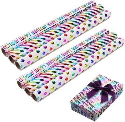 Zdjęcie produktu dla Zestaw kolorowego papieru do pakowania – szerokość 43 cm – długość 3 m – wzór: gwiazdki – idealny na urodziny