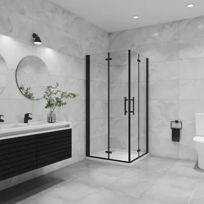Produktbild von B.70x70cm H.185cm  Schwarz Falttür eckdusche Duschkabinen  6mm NANO ESGglas Pendeltür Duschabtrennung Eckeinstieg Dusche