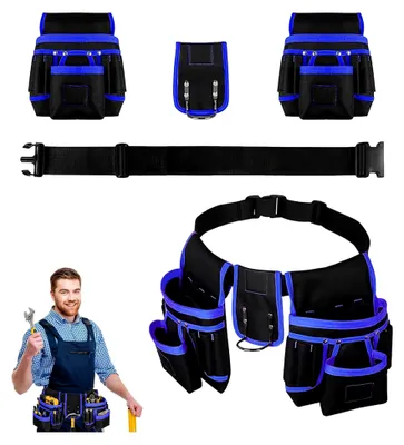 Produktbild von Gürteltasche für Werkzeuge, verstellbar, mit 26 Taschen und 1 Hammerhalter, Blau