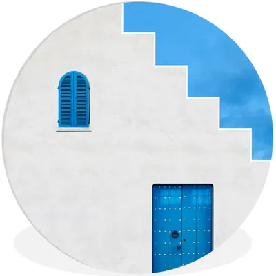 Produktbild von MuchoWow® Rundes Wandbild - Runde Bilder Haus - Blau - Weiß - Tür Ø 90 cm Kreis Wanddekoration Kunststoff - Wandkreis - Wandschmuck - Wand-Kreis - Wohnzimmer - Bild - Runde - Wanddeko - Dibond - Kunstdrucke