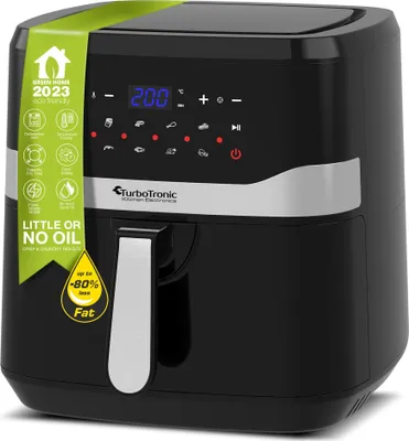 A black and silver air fryer is shown from a slightly angled front view against a white background.