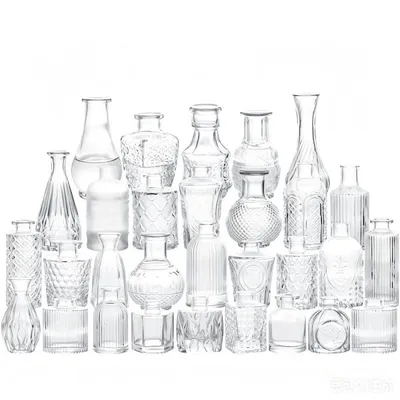 Produktbild von 30‑teiliges Vintage Glas Vasen‑Set,verschiedene Formen mit Relief,für frische‑ und Trockenblumen, Deko für Zuhause,Hochzeit,Tisch‑und Partydekoration