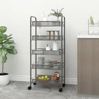 Productafbeelding van Keukenwagen met 5 etages, rollende serveerwagen, keukentrolley, afruimwagen, huishoudwagen, bijzettafel, etagewagen, grijs, 46x26x105 cm