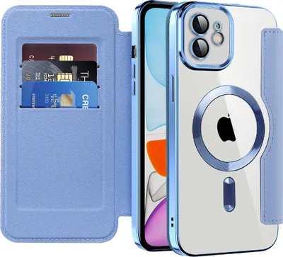 Image de Étui pour iPhone 11 compatible avec MagSafe, étui transparent avec porte-cartes, étui en cuir avec protection de l'appareil photo Bleu clair