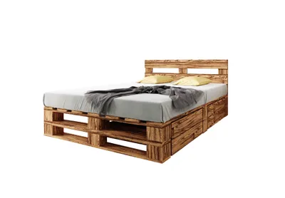 Produktbild von Lermowood Palettenbett M2 200 x 200 cm mit Kopfteil und 2 Bettkästen Geflammt Holzbett Massivholzbett Bett aus Paletten Seniorenbett Kinderbett Jugendbett