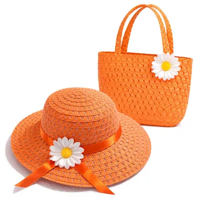 Productafbeelding van com-four® Zomerhoed voor meisjes met tas – Strohoedenset voor kinderen met bloem