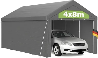 Produktbild von Pavillon XXL Carport 4x8m mit Stabil PE Plane, UV-beständig wasserdicht, abnehmbaren Seitenwänden, Dachverstärkung, Metallrahmen, Garagenzelt für Auto, LKW, Party, temporäre Werkstatt, Grau