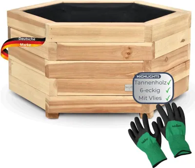 Produktbild von Pflanzkasten Holz 6-eckig MICHA - Inkl. Vlies und Handschuhe | Pflanzkübel Tannenholz Blumenkasten Blumenkübel Blumentopf Terrasse, 54,5cm Breit