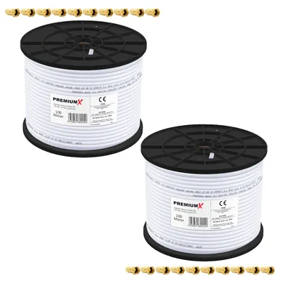 Produktbild von PremiumX 2x 100m BASIC Koaxialkabel 135dB 4-fach SAT Koax Kabel 20x F-Stecker