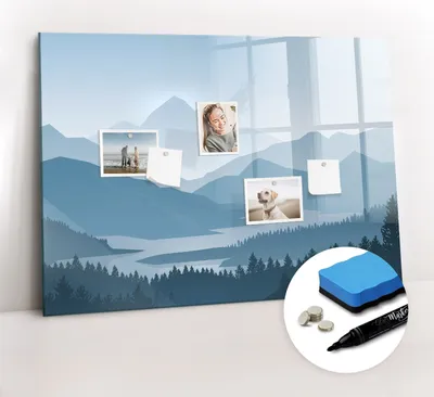 Produktbild von Magnetpinnwand Memoboard - Zubehörsatz - Schwarzer Marker + Schwamm + Magnete - 100 x 70 cm - Berglandschaft