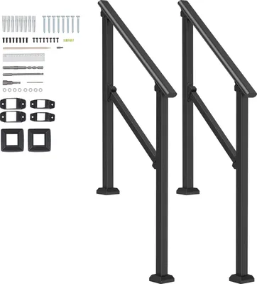 Two black outdoor stair handrails are shown with their mounting hardware laid out to the left.