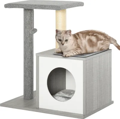 Produktbild von PawHut Holz Kratzbaum Katzenbaum Kletterbaum für Katzen, Kätzchen Möbel mit Katzenhöhle, Spielhaus, Katzenspielzeug und Plüschkissen Grau&Weiß 59x39x62 cm