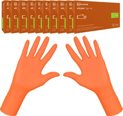 Produktbild von Mercator Nitrylex Hochrisiko-Nitrilhandschuhe, Größe S, orange, 100 Stück, Karton, 10er-Packung