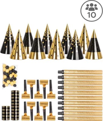 Image de Kit de fête pour le réveillon du Nouvel An 10 personnes Noir Or Kit de fête - Taille unique