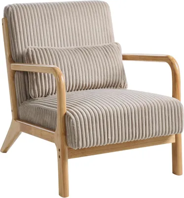 Produktbild von Beiger Retro-Sessel aus Cord mit gepolstertem Sitz, Holzarmlehnen und Dekokissen Sorsele